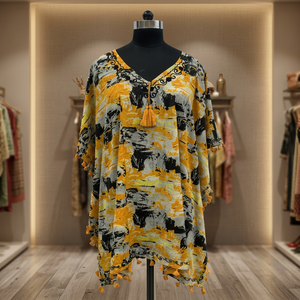 <b>Boho</b> V-Neck Asymmetric Printed Midi <b>Dress</b> With Tassel Decoration Loose Fit <b>Summer</b> Casual <b>Dress</b> - Product Image 2