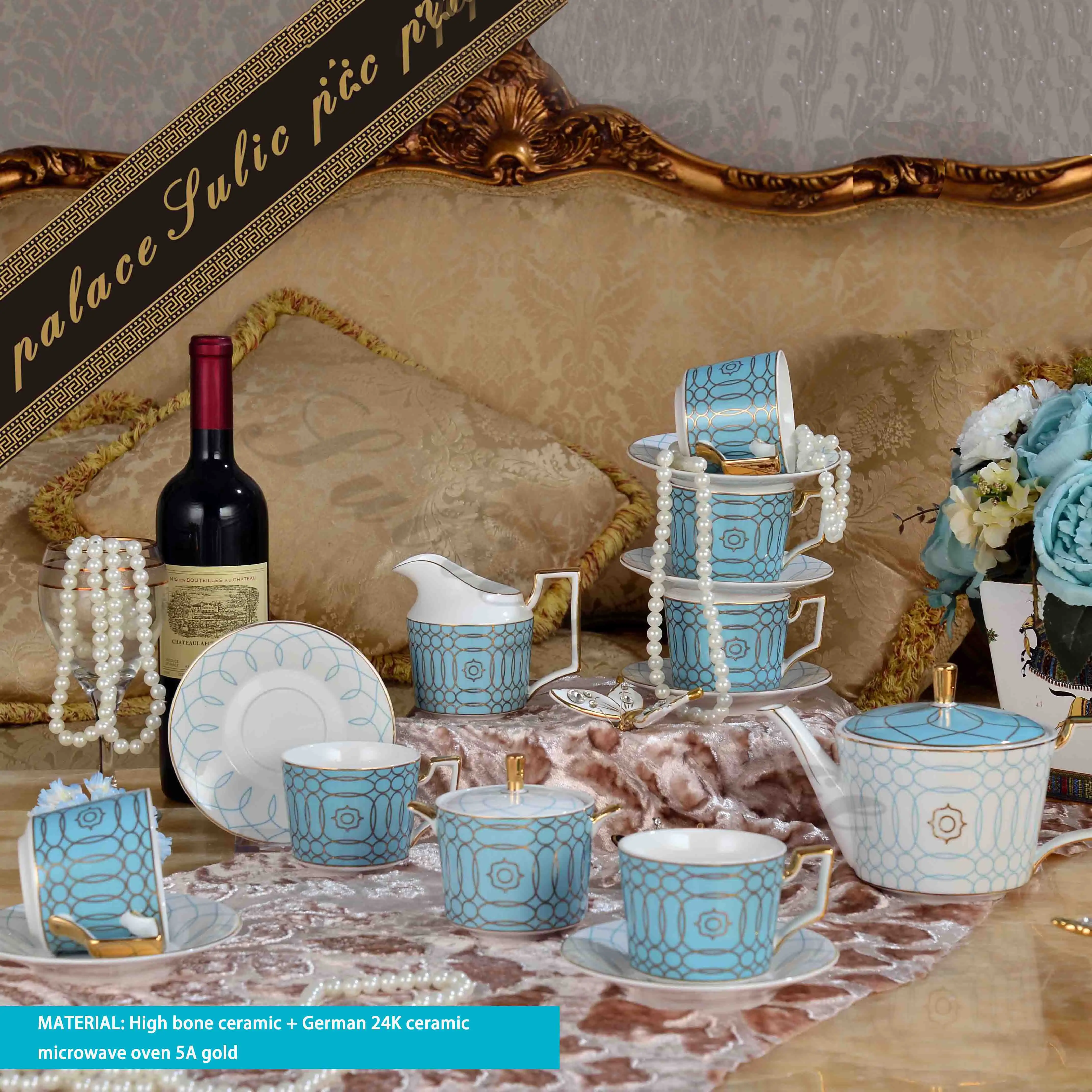 Groothandel Cup Sets Koffie Thee Europa Keramische Blauw Koffie Pot Cup Bone China Koffie Sets Elegante Afternoon Tea Set