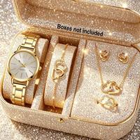 Montre de luxe pour femme en or rose, forme cœur, mouvement à quartz 32 mm, collier, boucles d'oreilles et bague sertis de diamants, ensemble cinq pièces