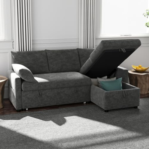 Canapé convertible en chenille en forme de L avec lit escamotable et rangement pour salon, appartement, hôtel - Product Image 1