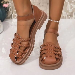 Women Summer New Retro Woven Roman Buckle <b>Sandals</b> Thick Sole Hollow Beach <b>Closed</b>-<b>Toe</b> <b>Sandals</b> - Product Image 3