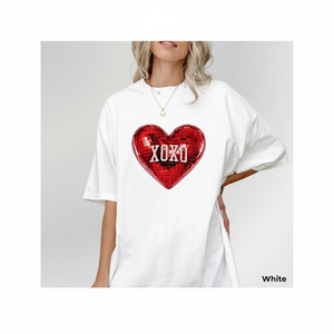 Disco Ball Heart Tee XOXO Valentine <b>Shirt</b> <b>White</b> Loose Fit <b>Short</b> <b>Sleeve</b> Crew Neck Glitter Print Casual Style Spring Summer - Product Image 1