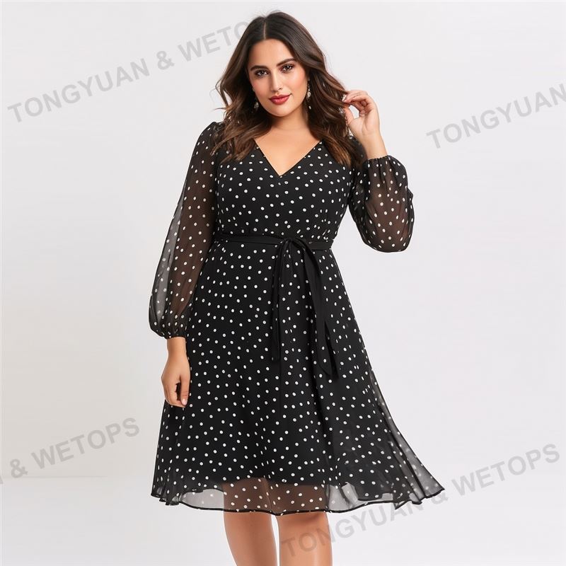 Black Polka Dot Dress Plus Size - Midi Casual Chic
