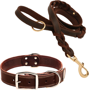 Genuine Cowhide Leather Dog <b>Collar</b> & Braided Leash Set Double Buckle D-Ring Heavy Duty Large Breed <b>Pet</b> <b>Collar</b> - Product Image 1