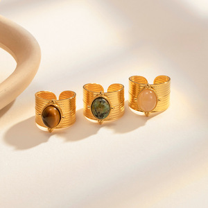 French Retro Style Natural Stone Wide Opening <b>Ring</b> For Women 18k Gold Plated <b>Titanium</b> Steel Niche Jewelry - Product Image 2