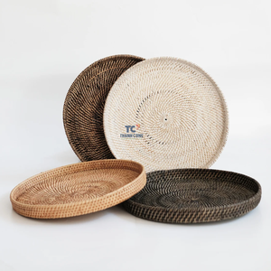 Lot de 3 plateaux de service ronds en rotin tissés à la main plateau en osier table petit déjeuner boissons snack stockage de fruits - Product Image 1