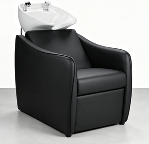 Sillón de Lavado Moderno Negro para Salón con Lavabo de Cerámica y Tapicería de Cuero, Estación de Lavado para Mobiliario de Barbería - Product Image 1