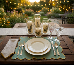 Premium <b>Linen</b> Scalloped <b>Placemat</b> with Elegant Gold Edge – Luxury Table Mat for Dining, Restaurant & Home Decor - Product Image 1
