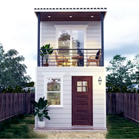 Maisonnette modulaire préfabriquée à deux étages, écoénergétique, avec balcon, idéale pour usage résidentiel, Airbnb et location.