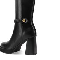 Nouvelle collection hiver : Bottes hautes pour femme en cuir de vachette, à bout carré, avec fermeture éclair et boucle, talon épais de 9 cm