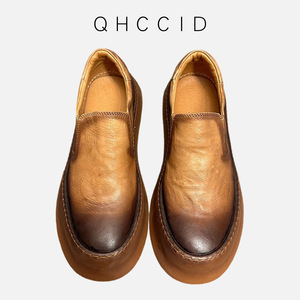 European Style Men's Retro Pleated Cowhide <b>Round</b> Toe Platform Loafers Brown Black Slip-On <b>Cushioned</b> Mid-Heel Casual Shoes - Product Image 3