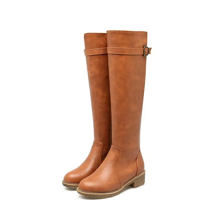 Handmade Plain Round Toe Date Outdoor Leather Knee High Boots Women's Flat Riding Boots