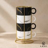 Ensemble de 4 tasses empilables LEXI en céramique avec design marbré doré, couleur et logo personnalisables, 180 ml, compatibles lave-vaisselle et micro-ondes