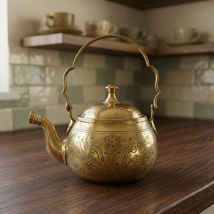 Bouilloire à thé vintage en laiton avec couvercle, poignée en métal, motif floral gravé, pot à eau, bouilloires - Product Image 2