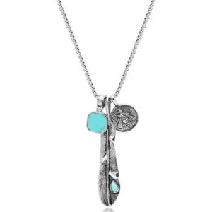 Long Boho Vintage Fashion Charm Gemstone Silver Men Pendant Stainless Steel Jewelry Feather Leaf Turquoise Stone Bee Necklace