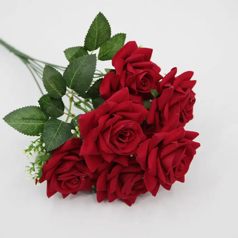 Flor Artificial para boda, centro de mesa, flor de seda, 7 cabezas, ramo de rosas de terciopelo rojo, decoración