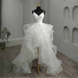 <b>White</b> High Low <b>Tulle</b> Wedding Dress V Neck Natural Waist Simple Elegant Bridal Gown - Product Image 2