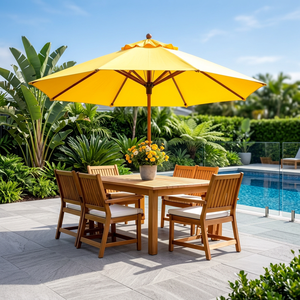 Backyard Garden Furniture Set with Wooden Dining <b>Table</b> Chairs Patio <b>Umbrella</b> and Minimalist Design for Courtyard-6 Seater - Product Image 3