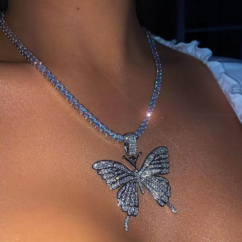 Custom big butterfly necklace luxury diamond tennis chain large silver or gold butterfly pendant necklace for women