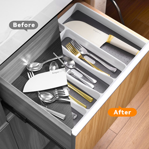 Organisateur de tiroir à couverts extensible en acier inoxydable, 7 compartiments, plateau à couverts simple réglable, tapis antidérapant, pour salon - Product Image 4