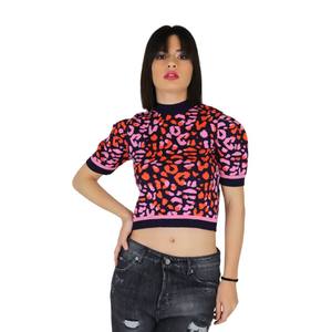 Women's <b>Cropped</b> Sweater Animal Print <b>Pink</b> Orange Navy Short Sleeve High Neck <b>Top</b> - Product Image 1