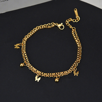 Bracelet double chaîne pour femme, plaqué or 18 carats, en acier inoxydable, avec pendentif papillon, bijoux inaltérables, idéal pour un cadeau
