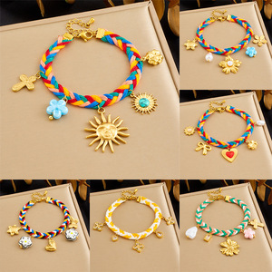 Handmade Woven Colored Rope <b>Bracelet</b> Gold Plated Charm Heart <b>Flower</b> Jewelry Gift For Women - Product Image 1