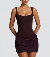 Robe Mini Chic Froncée Marron 2026 pour Femme, Col Carré, Sans Manches, Ajustée, Ourlet Plissé, Été, Soirée, Unie, Vestido Élégant