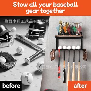Wall Mounted Baseball Bat Storage Rack With Hat Holder And <b>Glove</b> Organizer Punch Free Design For Sports Equipment Storage - Product Image 3