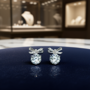 Orecchini a Perno con Fiocco in Oro Bianco, Zirconi Rotondi con Montatura a Griffe, Placcati in Rodio, Gioielli Classici da Sposa per Donne - Product Image 2