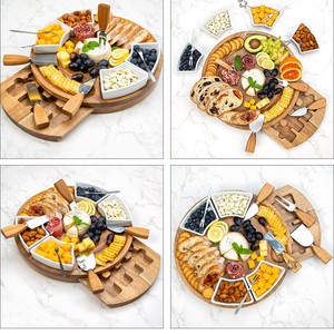 Acacia Wood Round <b>Cheese</b> Tray With Pull Out Board And Stainless Steel <b>Knife</b> <b>Set</b> For Serving And Cutting <b>Cheese</b> - Product Image 2
