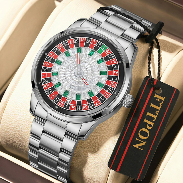 FTTPON Lucky 7 Roulette Game Quartz Watch God of Gamblers New Luxury Waterproof Stainless Steel Leather Wristwatch for Men Reloj