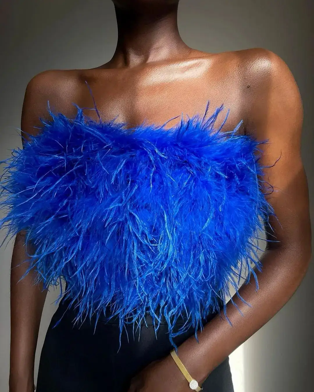 Women Rave Festival Feather Crop Tops Faux Fur Stretchable SpaghettiTube Top for Concert Club Party