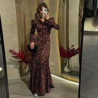Robe de soirée élégante et décontractée pour femmes R-718, abaya à col en V, manches longues, longueur cheville, imprimé floral, respirante, en polyester