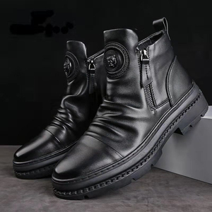 Bottines à plateforme en cuir plissé souple pour hommes, fermeture éclair latérale, deux options de doublure, antidérapantes, style <span class=keywords><strong>Martin</strong></span>, pour une utilisation décontractée toute saison - Product Image 1