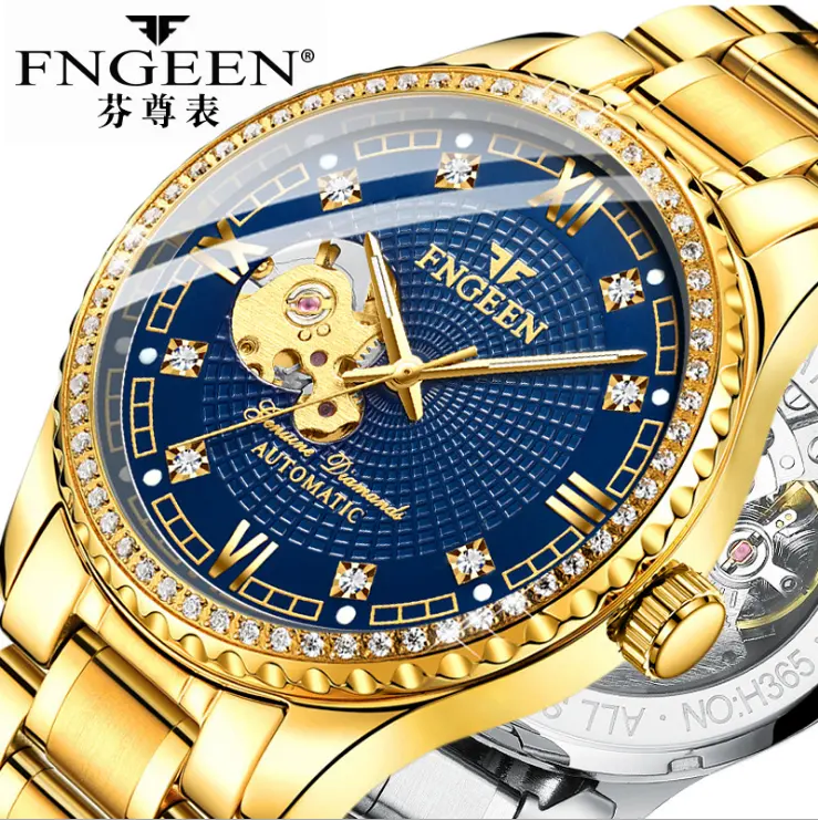 Best販売ブランドFNGEEN男性のゴールド自動機械式中空時計メンズギフト腕時計