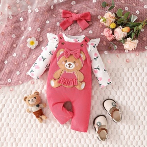 Tutina floreale a maniche lunghe per bambina + salopette in peluche con orsetto e set con fascia per capelli, pantaloni in velluto a coste tinta unita - Product Image 1