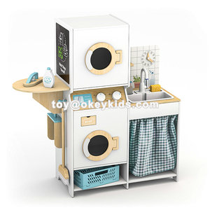 Station de lavage <span class=keywords><strong>en</strong></span> <span class=keywords><strong>bois</strong></span> avec machine à laver double fonction, surface de dessin <span class=keywords><strong>en</strong></span> tableau noir, séchoir suspendu et bacs de tri W10L284 - Product Image 4