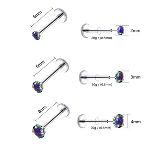 Piercing Labret de Acero Inoxidable 316 con Gema de Circonita Cúbica de 4 Puntas |   Joyería para Piercing de Labio, Nariz, Tragus y Cartílago con Parte Posterior Plana para Hombres y Mujeres - Product Image 2