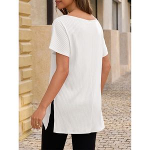 Haut en tricot côtelé pour femmes, épaules dénudées, manches courtes, tunique décontractée d'été, ourlet asymétrique, blanc - Product Image 5
