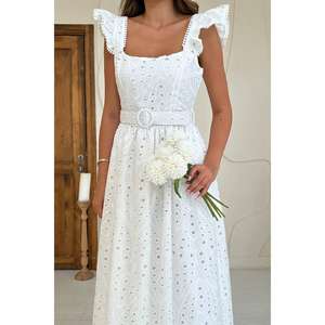 Robe de mariée élégante en dentelle blanche, coupe trapèze, col carré, taille naturelle, style vintage, respirante, longue - Product Image 1