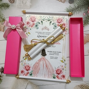 Carte d'<span class=keywords><strong>invitation</strong></span> enroulable rose pour Quinceañera, les meilleures invitations de mariage avec ruban et pompons, boîte de dragées pour invités - Product Image 2