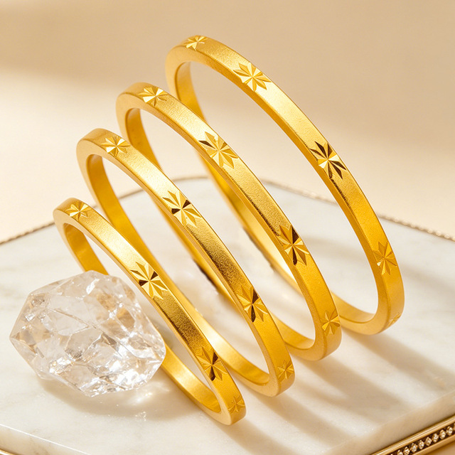 PFT Dubai Luxury Star Carved 24k Gold Plated Copper Bangle Geometric Trendy Classic Traditional for Women Girls Wedding
