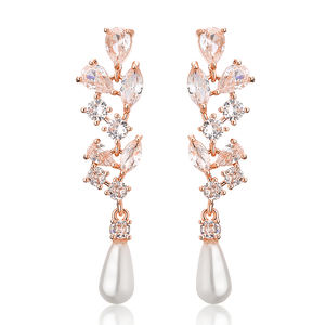 RAKOL EP1135 <b>fashion</b> Luxury Rhinestone Gold Plated Zircon Flower Pearl Strip Women Long <b>Drop</b> <b>Earrings</b> - Product Image 1