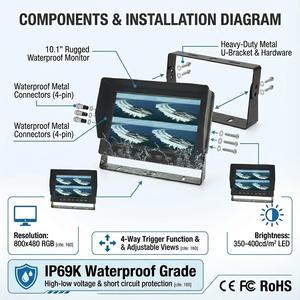 10,1-дюймовый водонепроницаемый монитор IP69K для камеры заднего вида, 1080P, металлический корпус, 4-канальный видеовход, автоматическое затемнение, для лодок и экскаваторов - Product Image 6