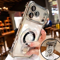 Coque en silicone transparente pour iPhone 17 16 15 14 13 12 11 Pro Max, avec béquille magnétique, protection d'objectif intégrée, antichoc airbag
