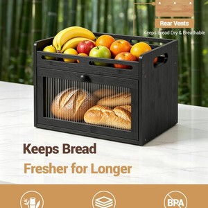 Bread Storage Box Double Layer Wooden With Lid Fruit Rack <b>Kitchen</b> Countertop Organizer Solid Wood Rectangle Design - Product Image 5