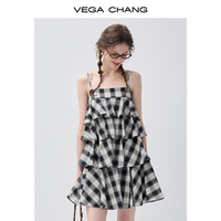 Robe Cami à Volants Superposés à Carreaux Noirs et Blancs VEGA CHANG pour Femmes avec Encolure Carrée et Ourlet à Volants Superposés, Robe d'Été Décontractée