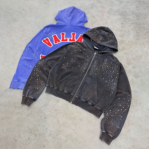<strong>Custom</strong> Patch Embroidered <strong>logo</strong> <strong>Graphic</strong> Pickled Vintage Distressed Color Stitching Screen Print <strong>Graphic</strong> Rhinestone Zipper Hooded - Product Image 4