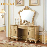 Table de toilette en bois massif de style européen de luxe avec 3 tiroirs sculptés à la main et miroir assorti pour chambre principale de villa classique